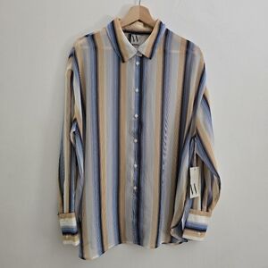 NWT Worthington Striped Blue Tan Button Shirt Large